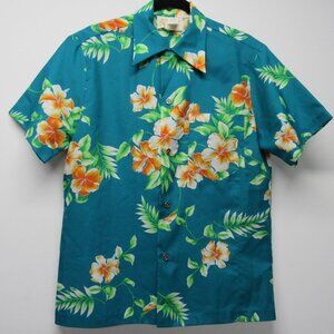 Vtg 60-70s Royal Hawaiian Shirt Mens M Teal Green Floral Loop Collar Vacation